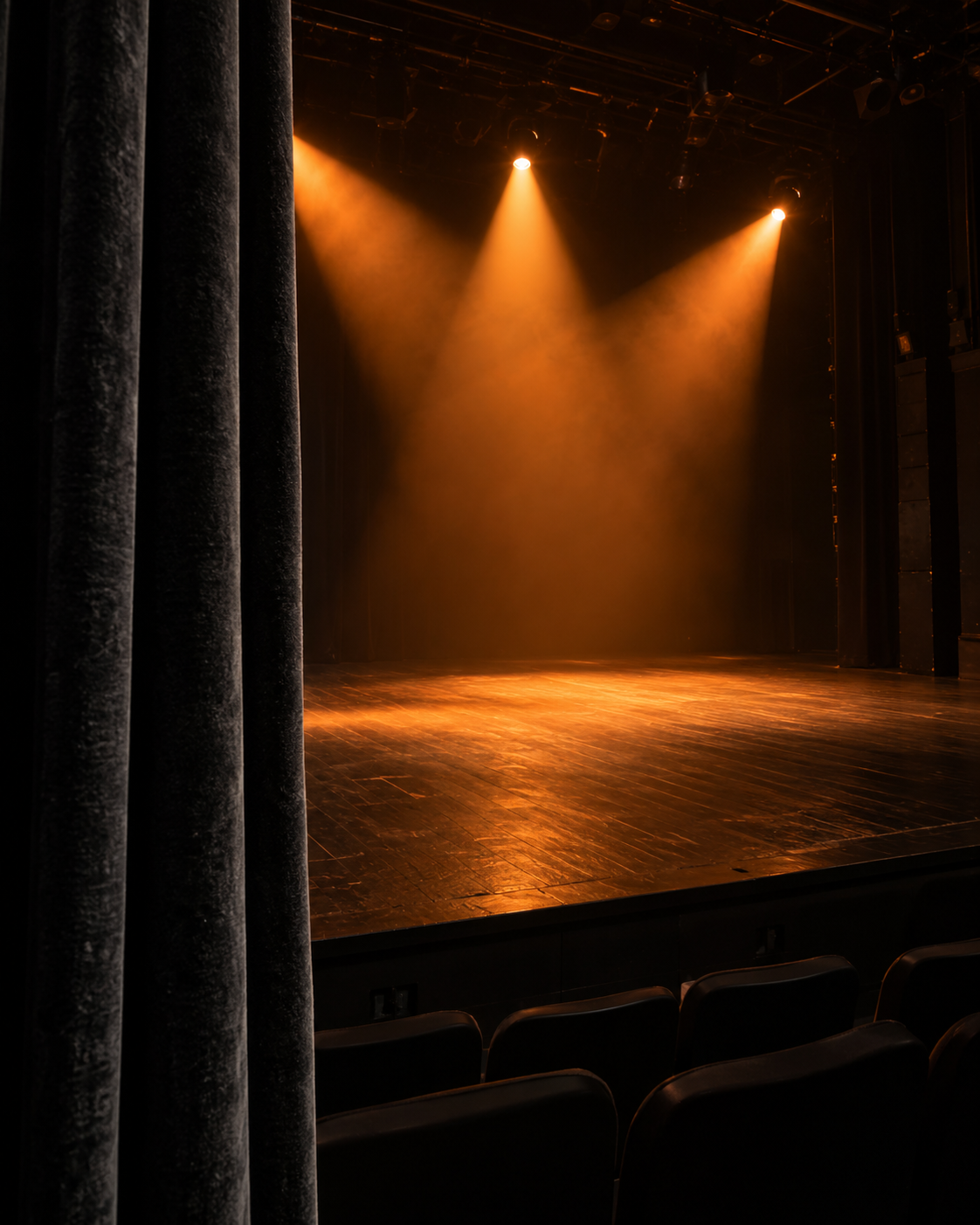 Warm theaterlicht op een leeg podium, gezien vanuit de coulissen